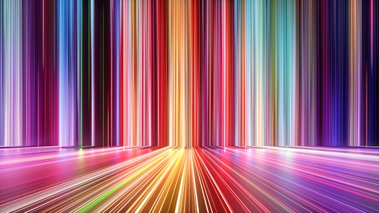 3D render, abstract background with colourful spectrum. Bright neon rays and glowing lines.