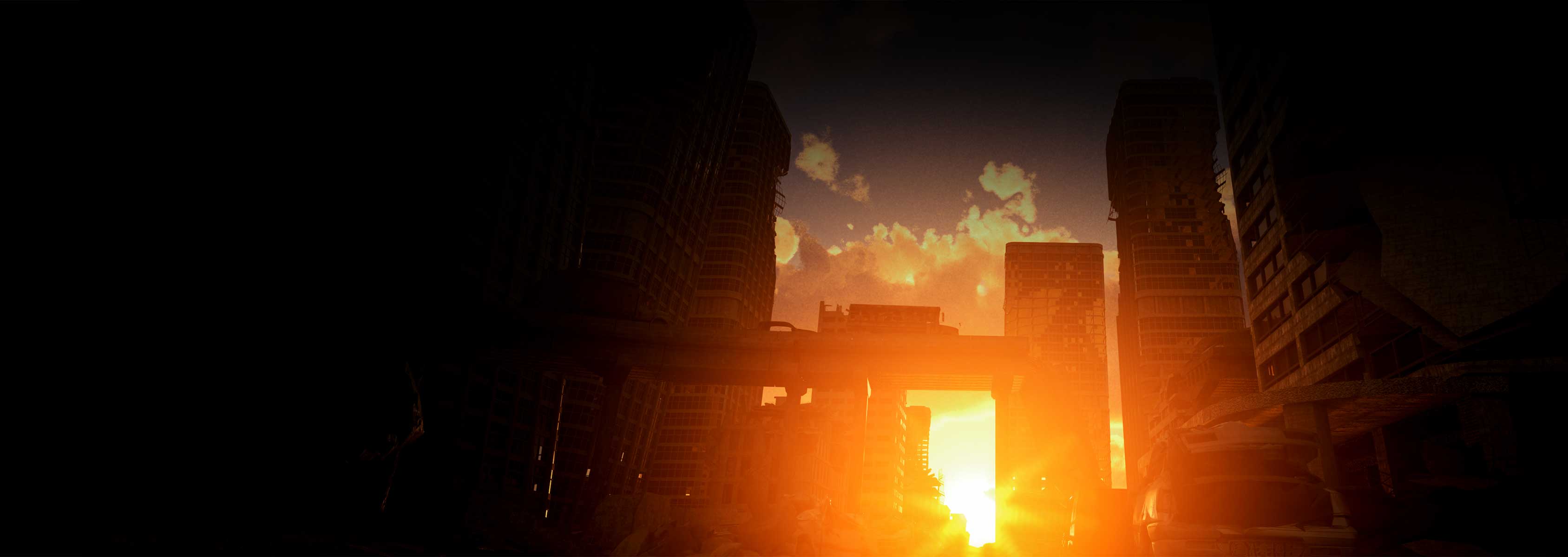 A sun rising over a city.