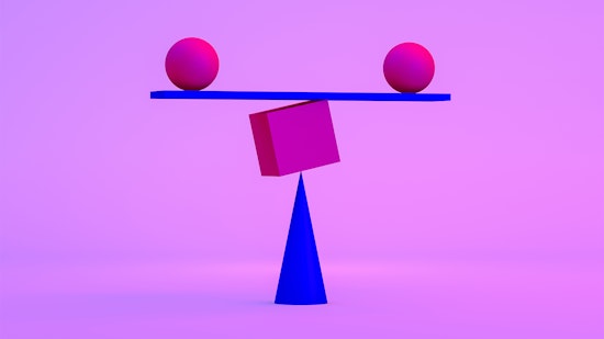 The concept of balance, represented by geometric shapes on gradient colourful background. Neon colours: purple, pink and blue. 